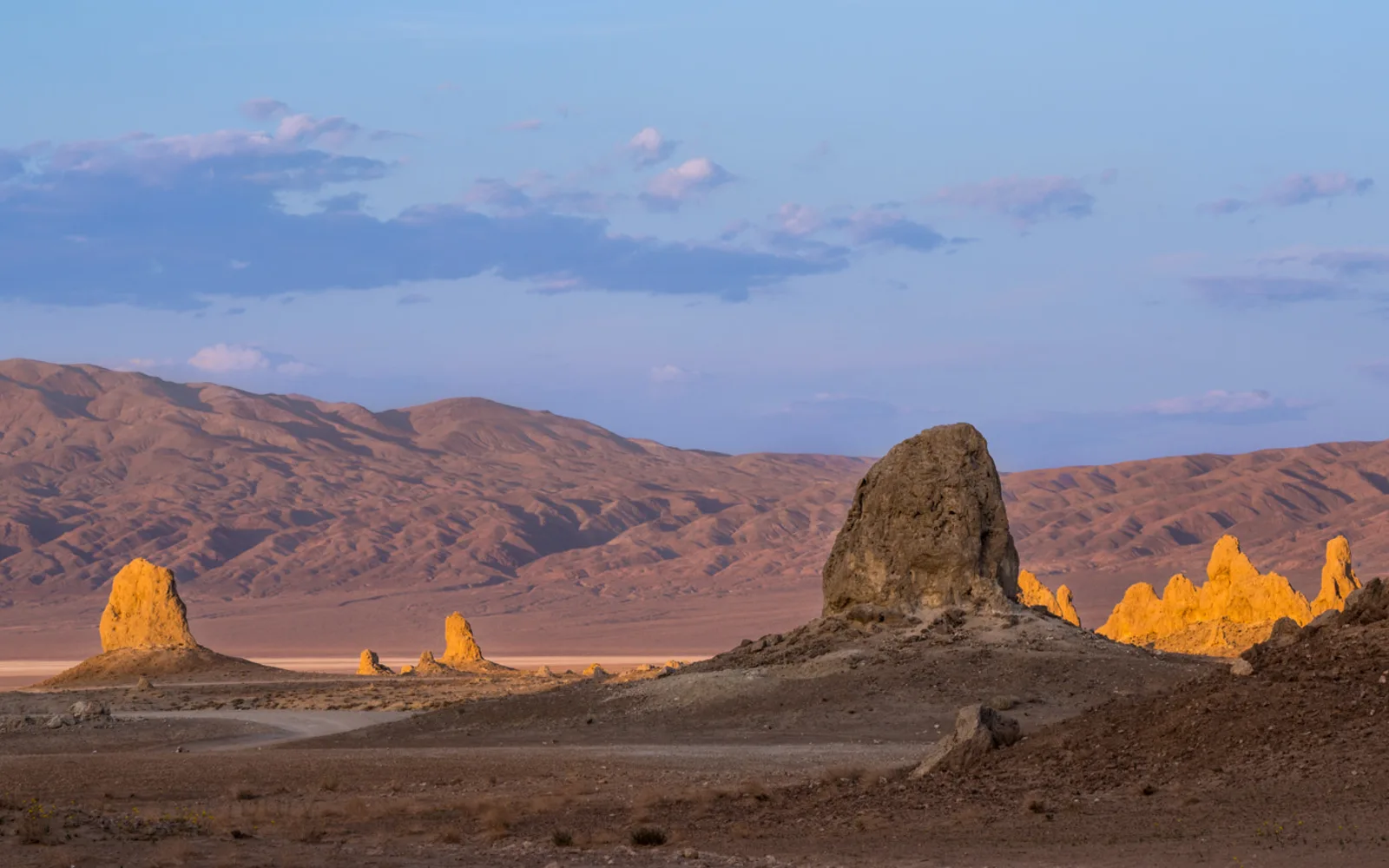 Trona Pinnacles tufa towers at sunset in the Mojave Desert