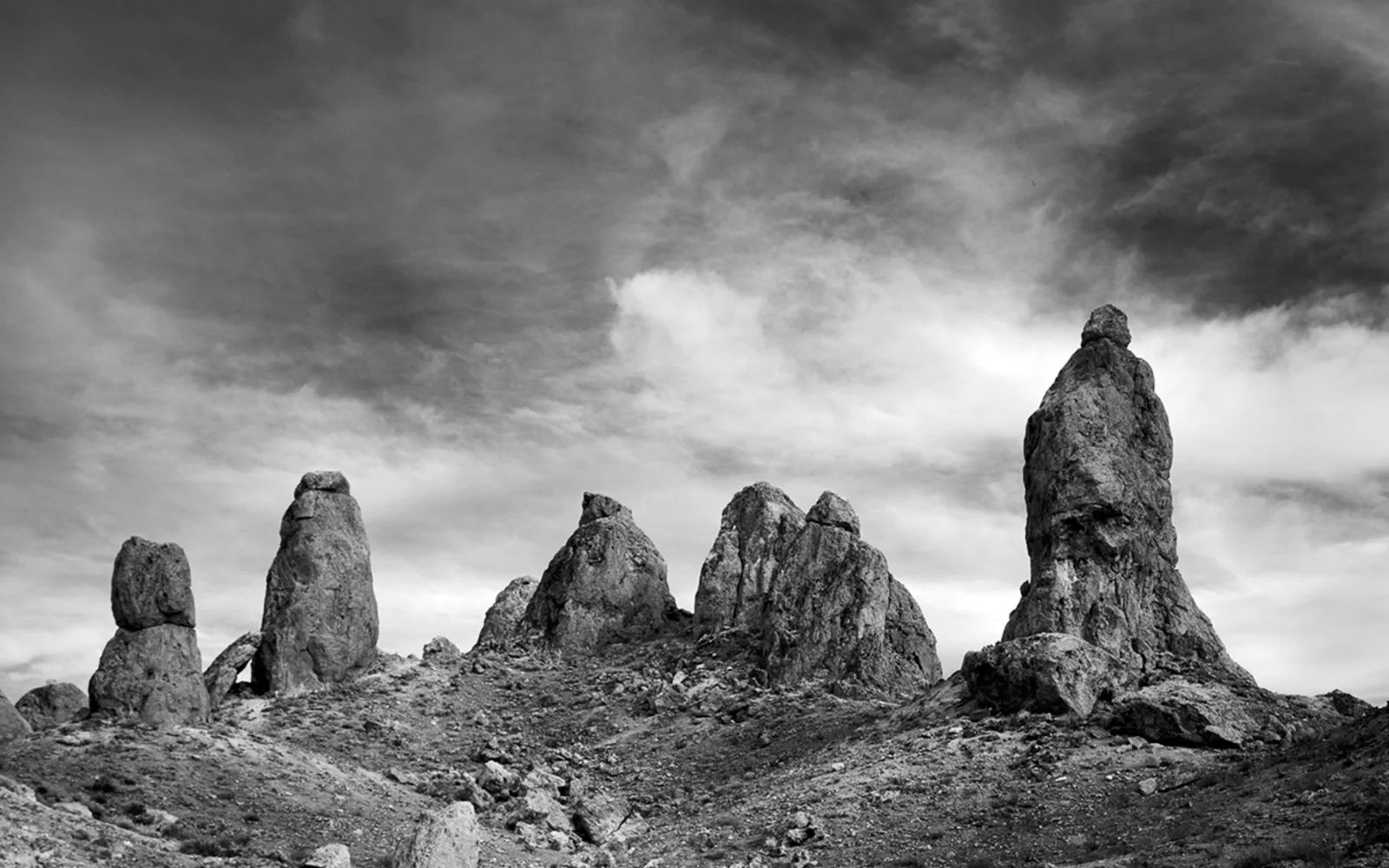 Ghostlike Trona Pinnacles formations in the desert landscape